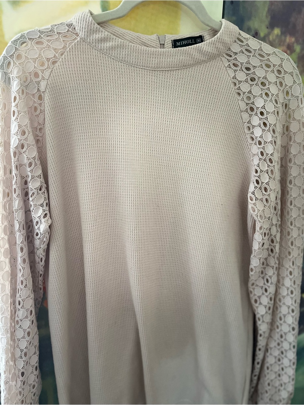MIHOLL Women's Ecru Lace-Sleeve Waffle Knit Pullover - Size M